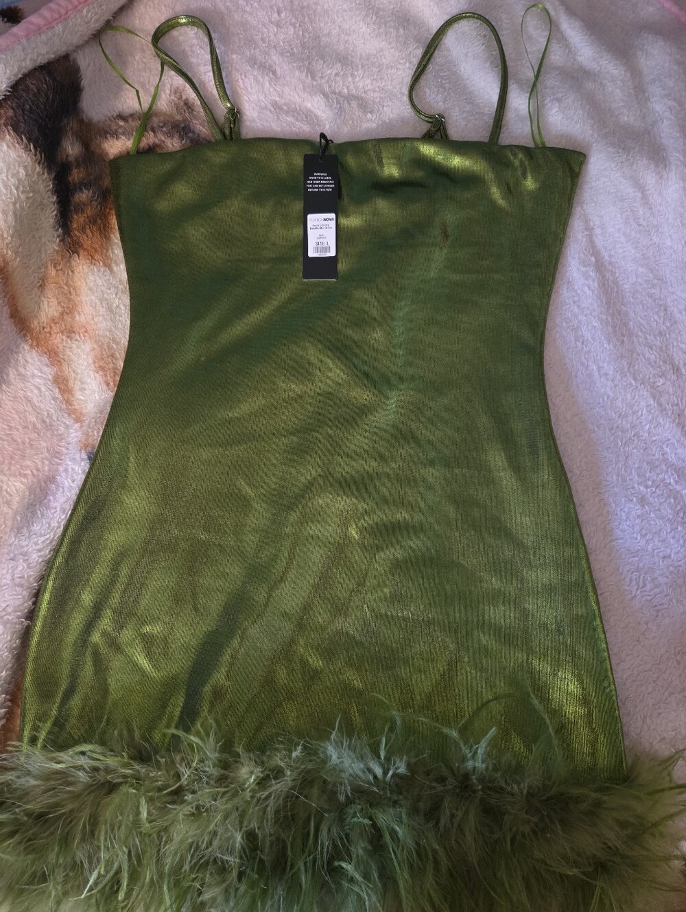 Fashion Nova Metallic Lime Green Feather Trim Mini Dress